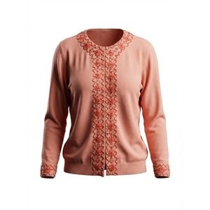 L.a.c.e. Women's Peach Beaded Floral Cardigan Sweater 3/4 length‎  XL (L) READ